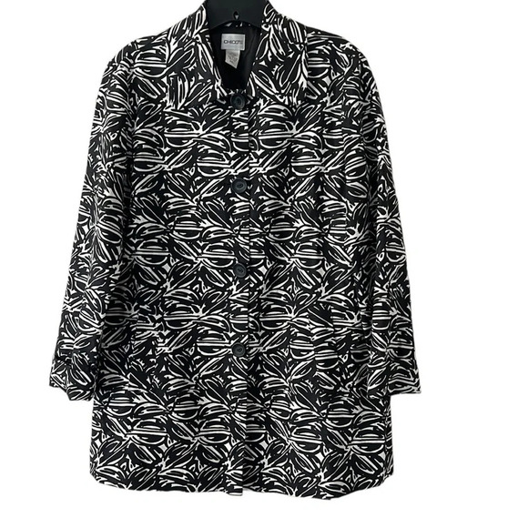 Chico’s Longline Jacket Linen Blend Black/White Abstract Artsy Pattern. Size M - Picture 1 of 7